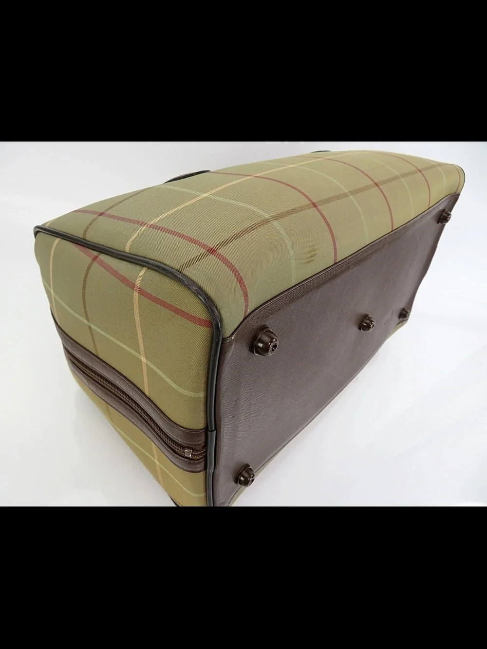 Burberry Tan Plaid Travel Holdall with Brown Leather Trim
